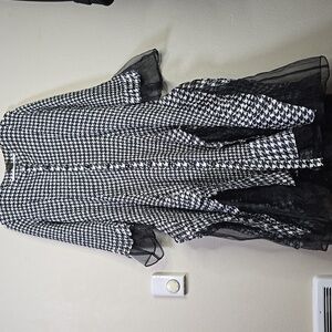 JERRY T  New York Elegant Black and White Houndstooth  Button Up Midi Dress